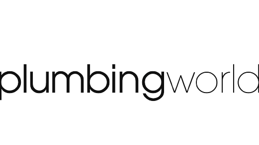 A black and white logo for plumbing world on a white background.