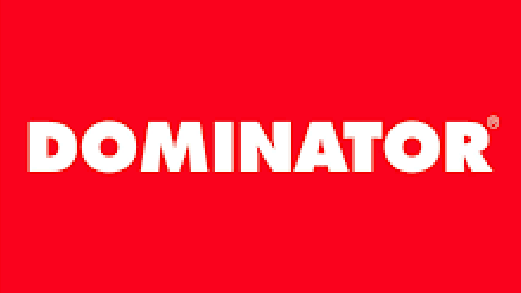 The logo for dominator is on a red background.