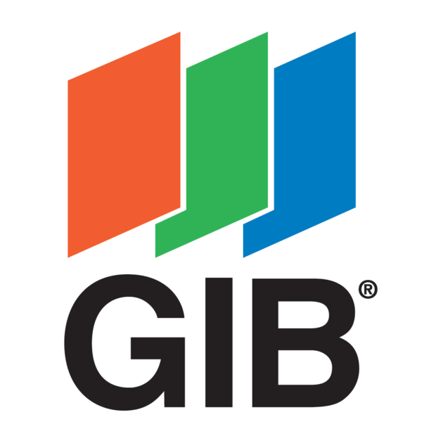 A gib logo with three colored squares on a white background