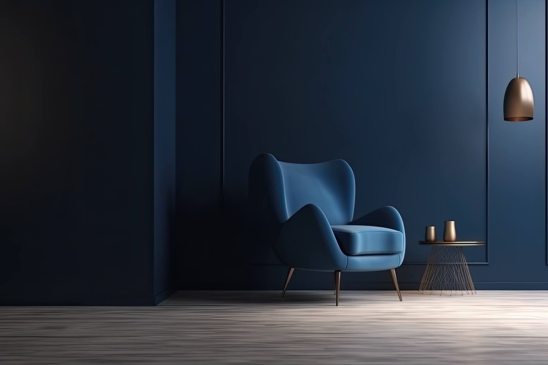 A blue chair is sitting in a living room with dark blue walls.