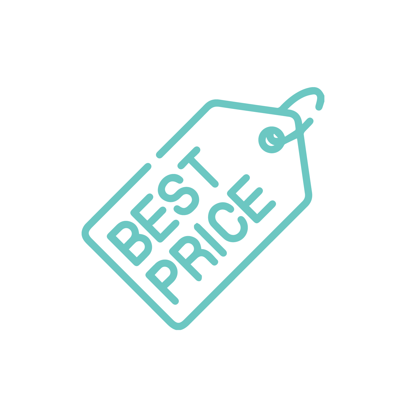 A line drawing of a best price tag on a white background.
