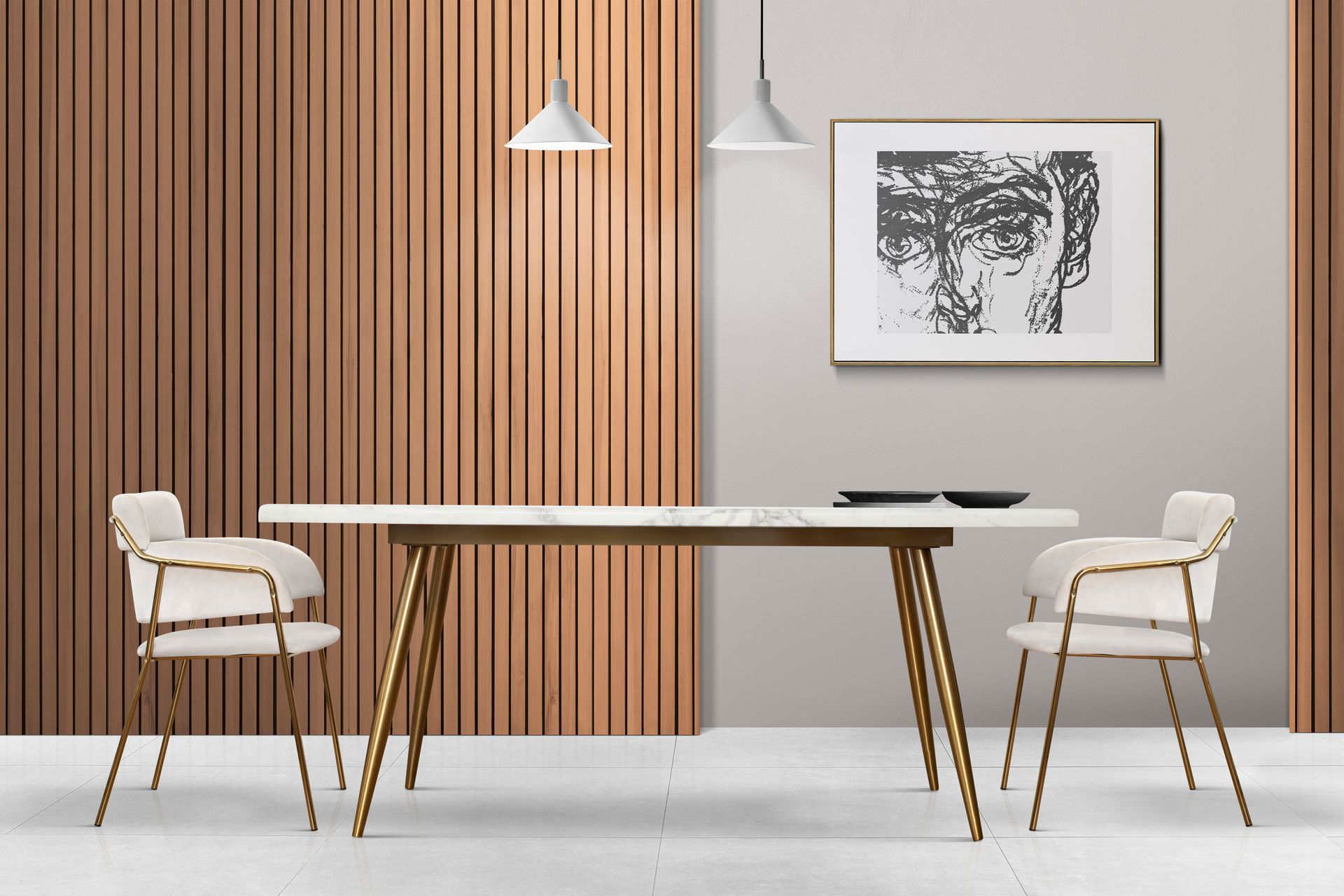 A dining room with a table and chairs and a picture on the wall.