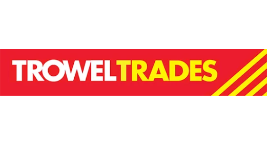 A red and yellow logo for a company called troweltrades.
