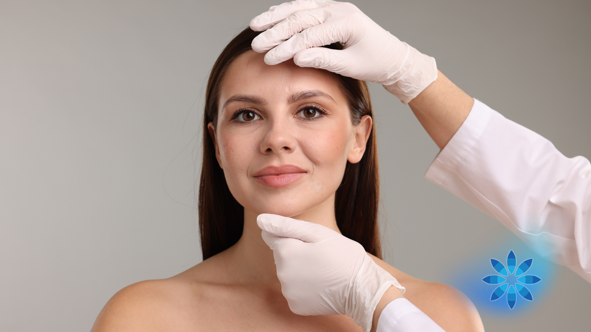 Woman's face examined by gloved hands, medical setting.