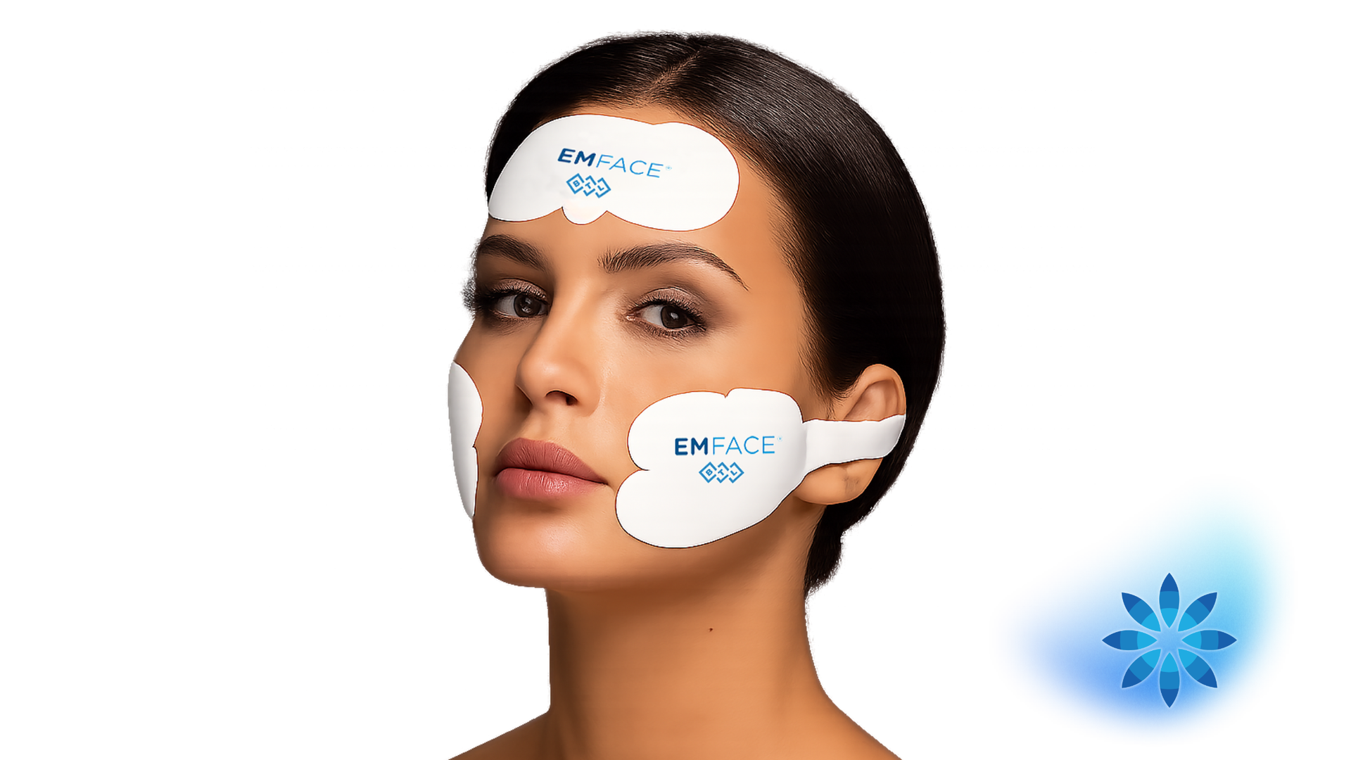Woman with white facial and neck skincare patches on a white background