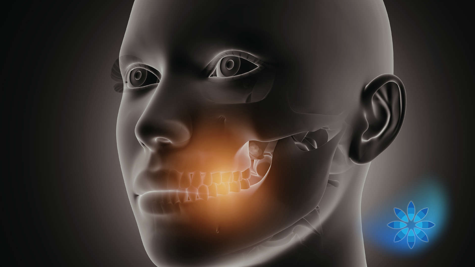 3D human head with glowing jaw pain highlight and blue dental/medical icon on dark background