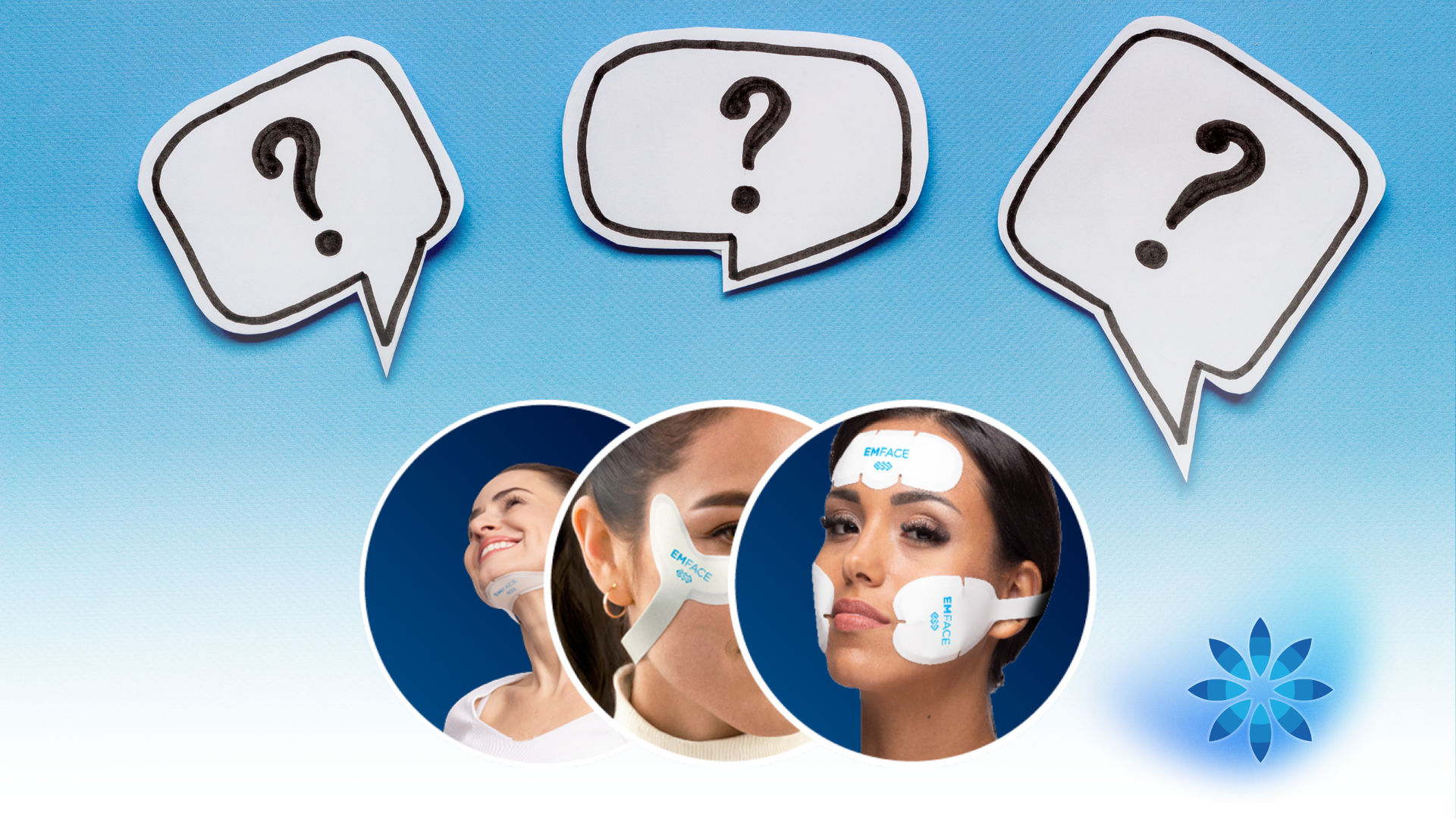 Three speech bubbles with question marks above three circular profile photos on a blue background