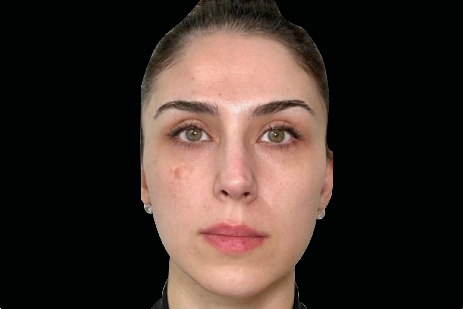 Front-facing portrait of a person against a black background, with a neutral expression.
