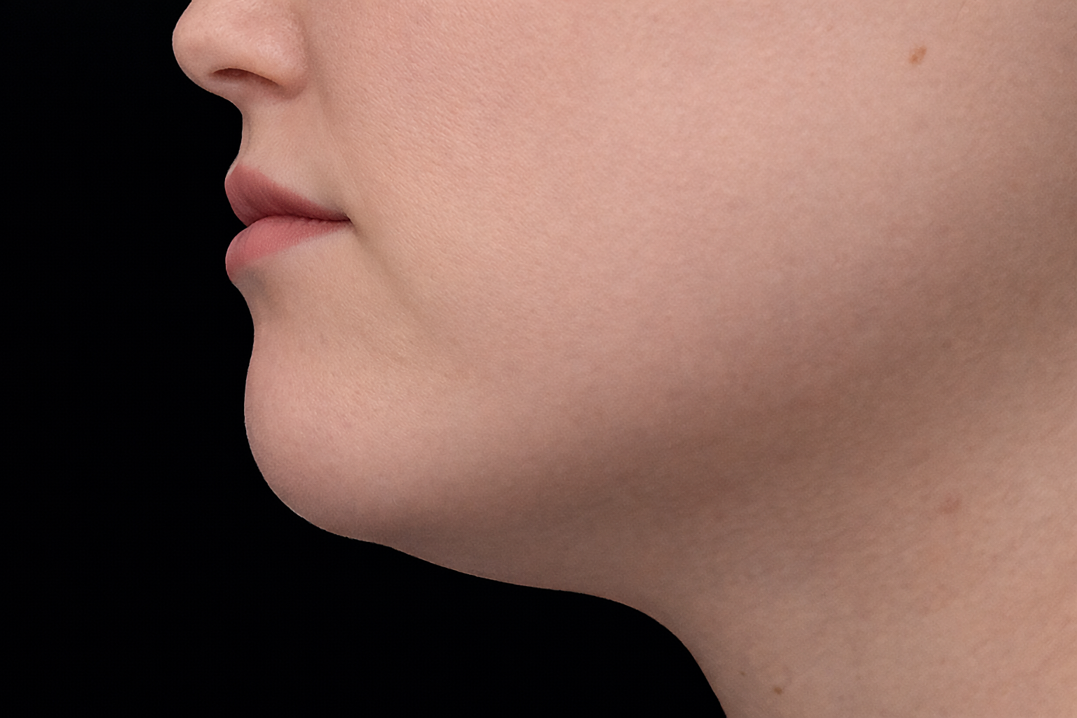 Profile view of a person's face, focused on the chin and jawline against a black background.