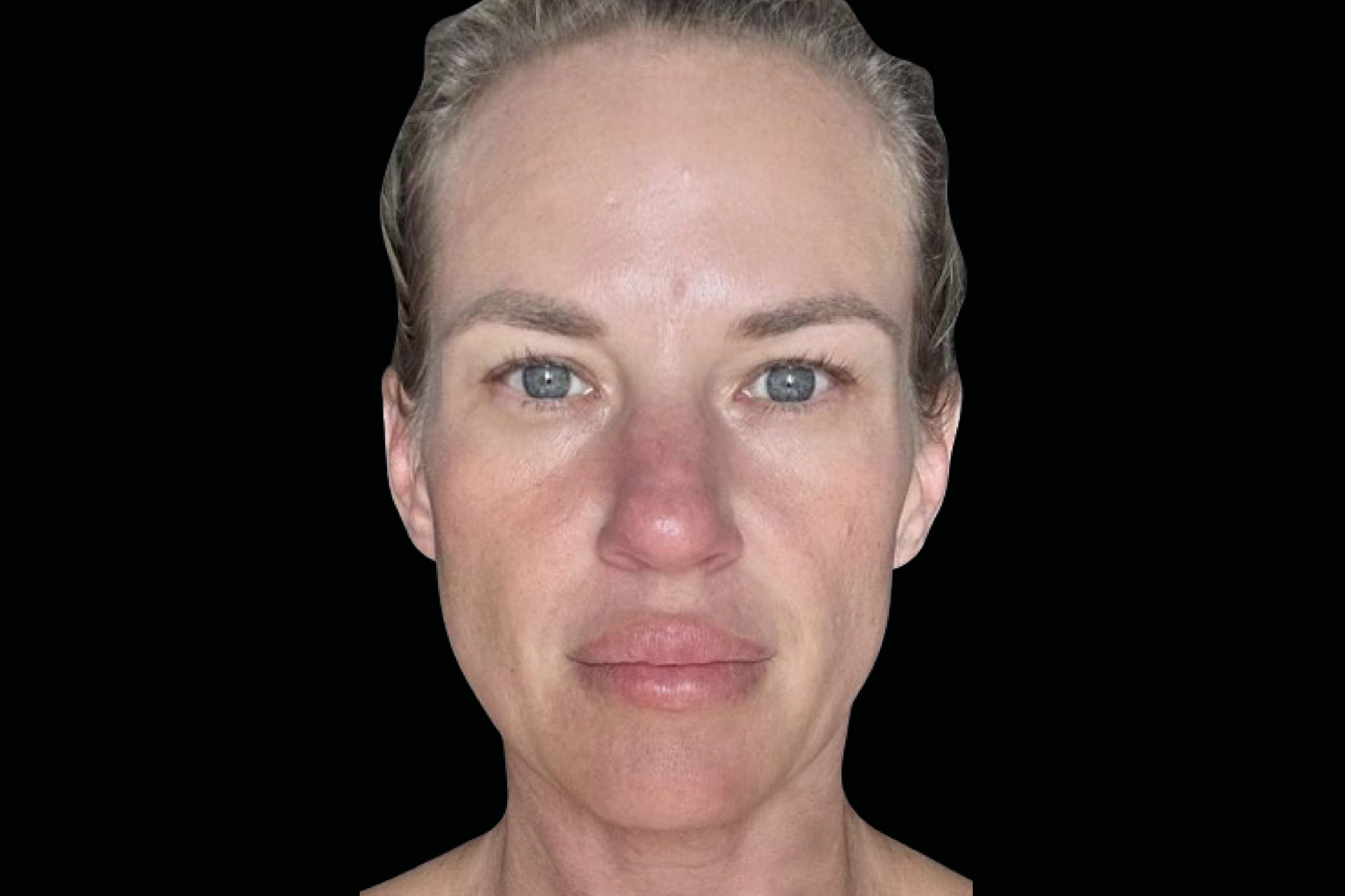 Close-up portrait of a person with a neutral expression against a black background.