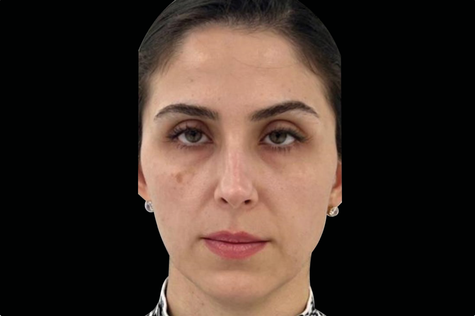 Close-up portrait of a person with a neutral expression against a black background