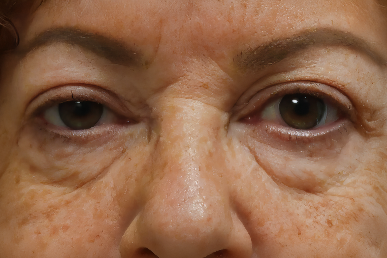 Close-up of a person’s eyes with under-eye wrinkles and a neutral expression