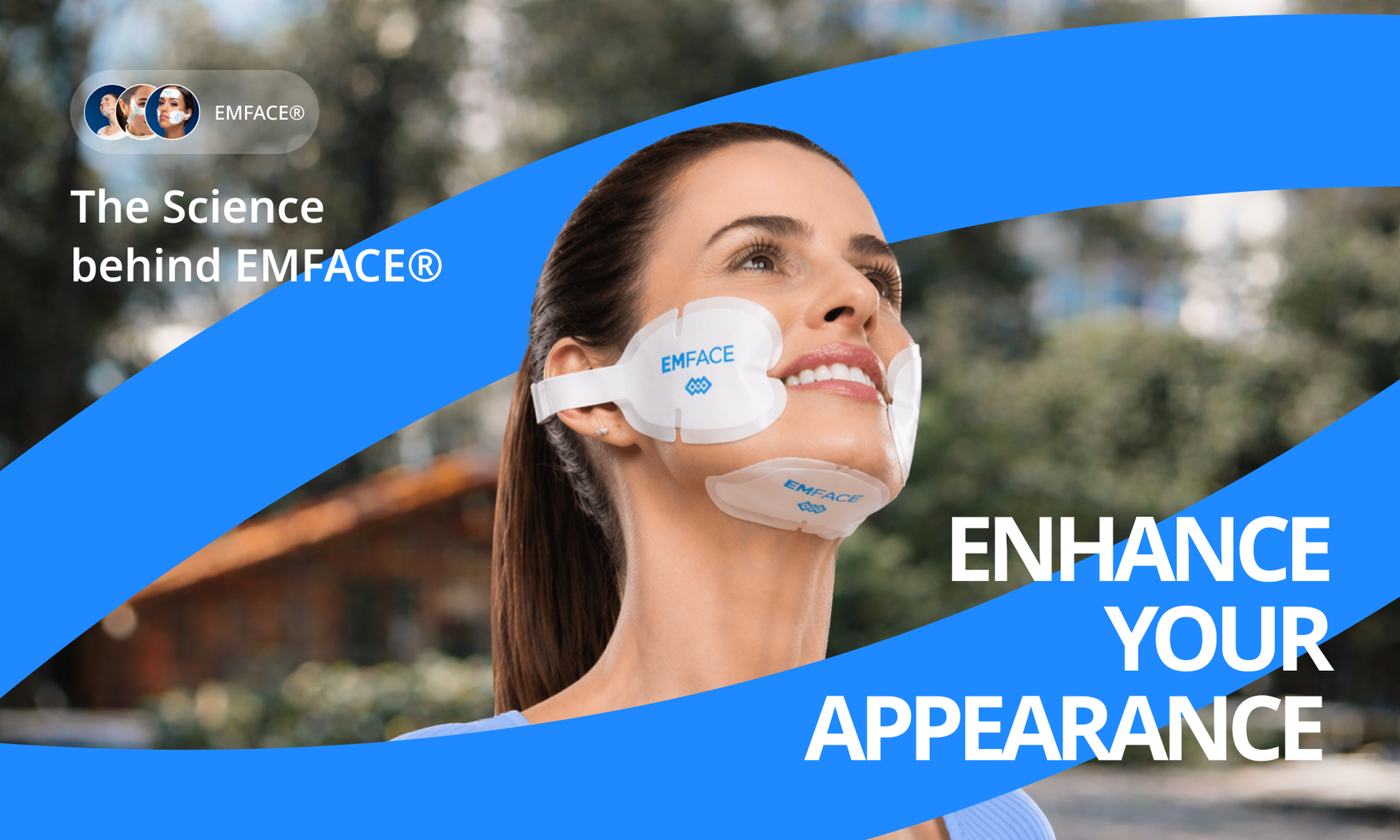 Woman wearing facial device. Text: