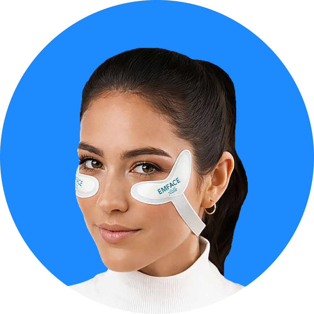 Woman with white eye mask patches on a blue background.