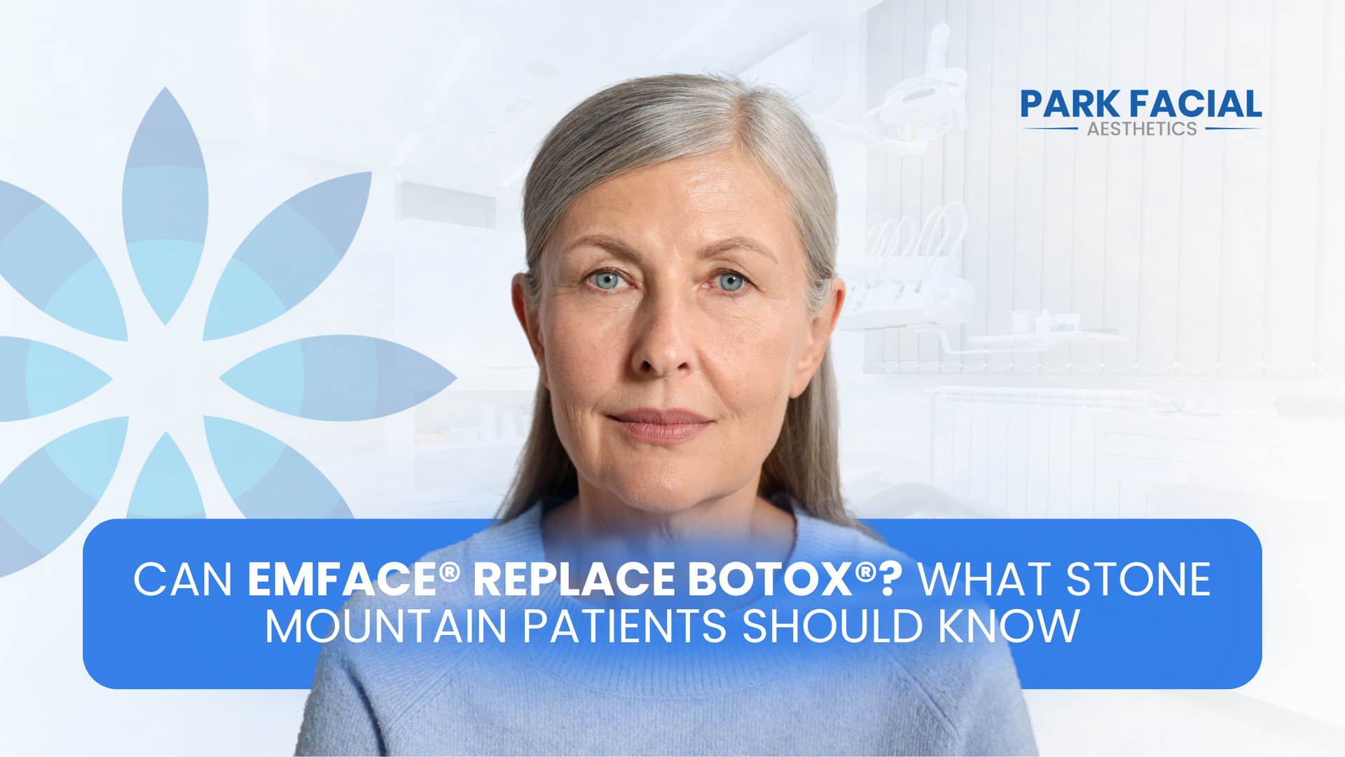 Woman with gray hair in front of a blue background with text: