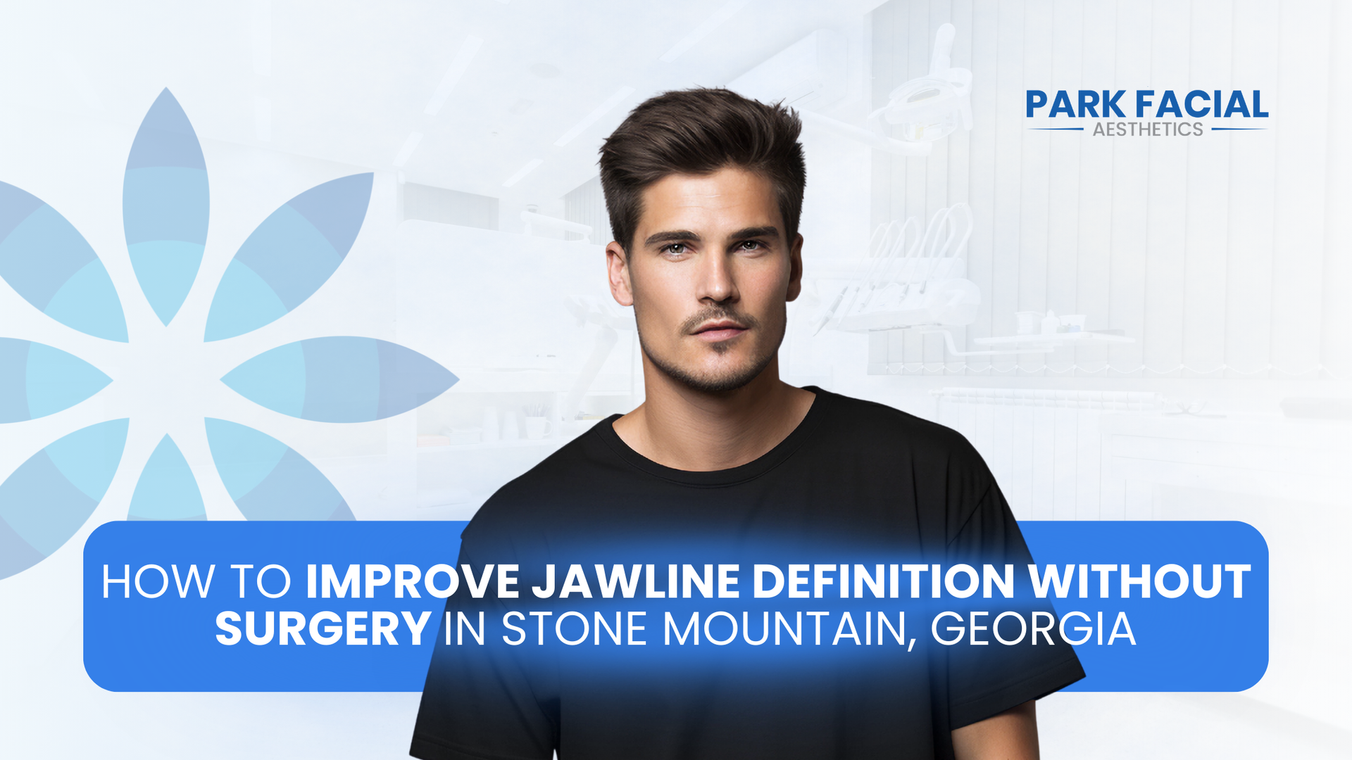 Man with a defined jawline in front of text