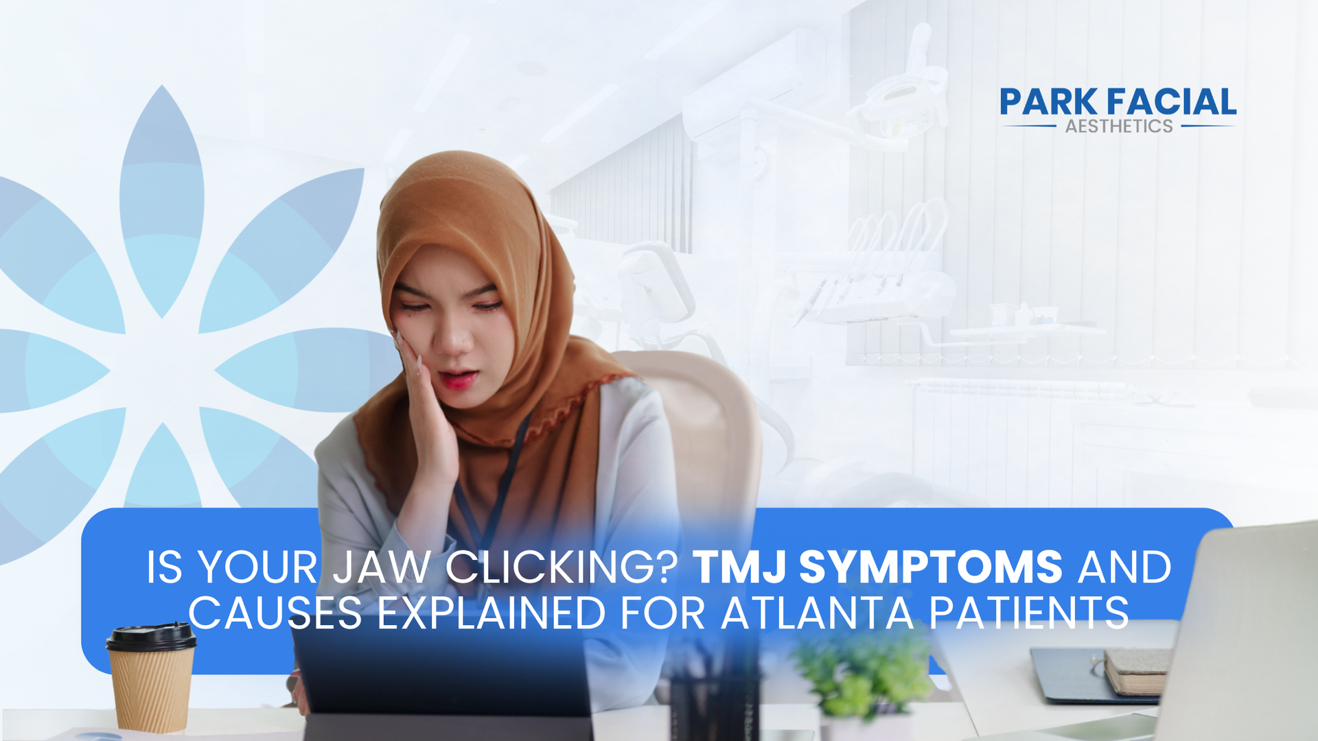 Woman in hijab holding jaw, with text: