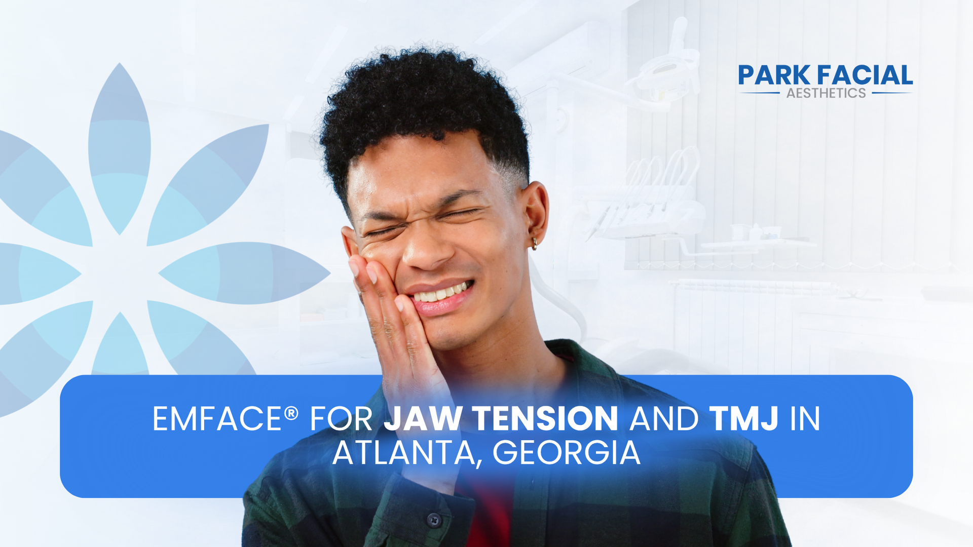 Man clutching his jaw in pain with text: “EMFACE for jaw tension and TMJ in Atlanta, Georgia”