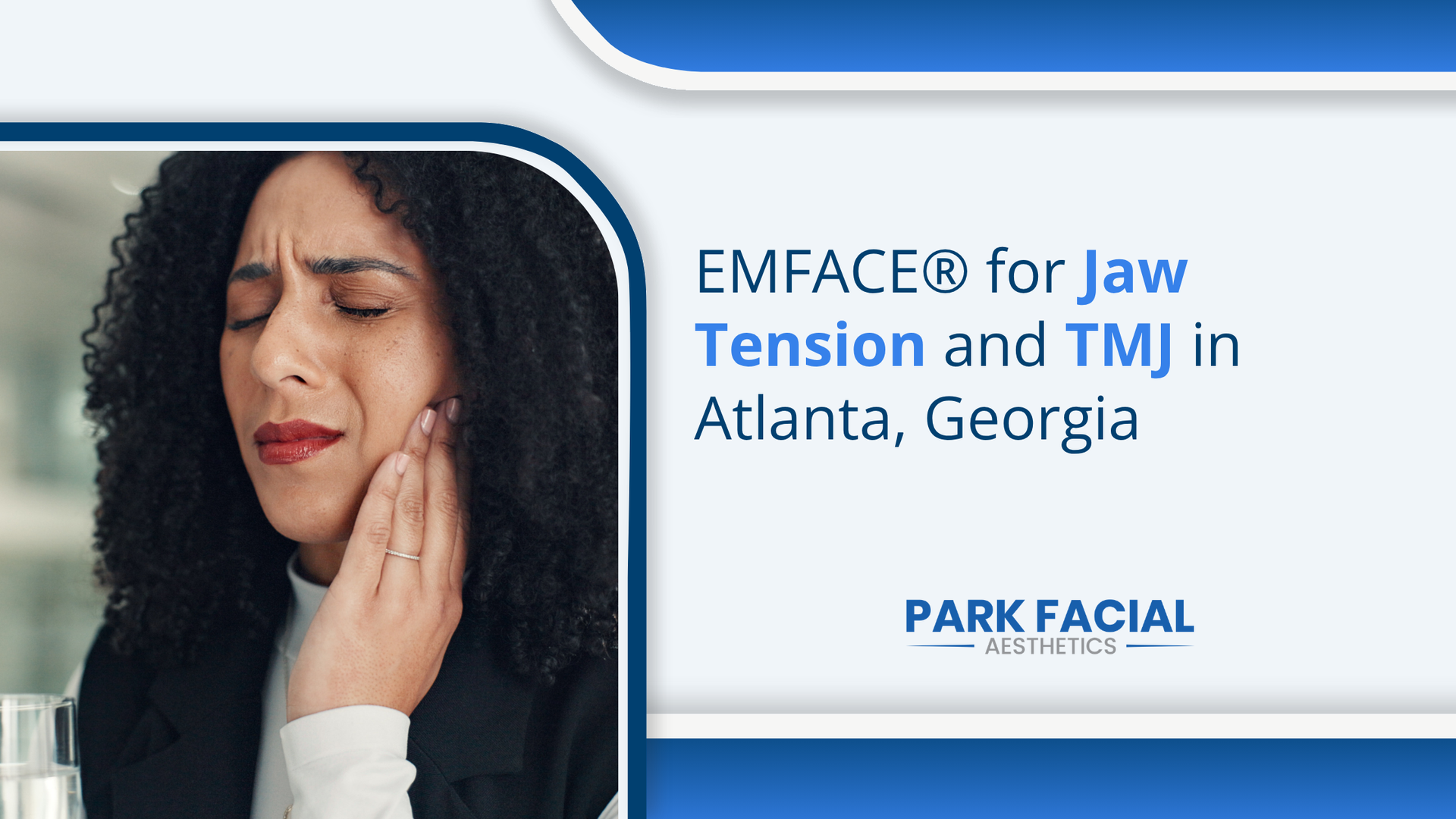 Man grimacing and holding jaw, with text: “Emface for jaw tension and TMJ in Atlanta, Georgia”