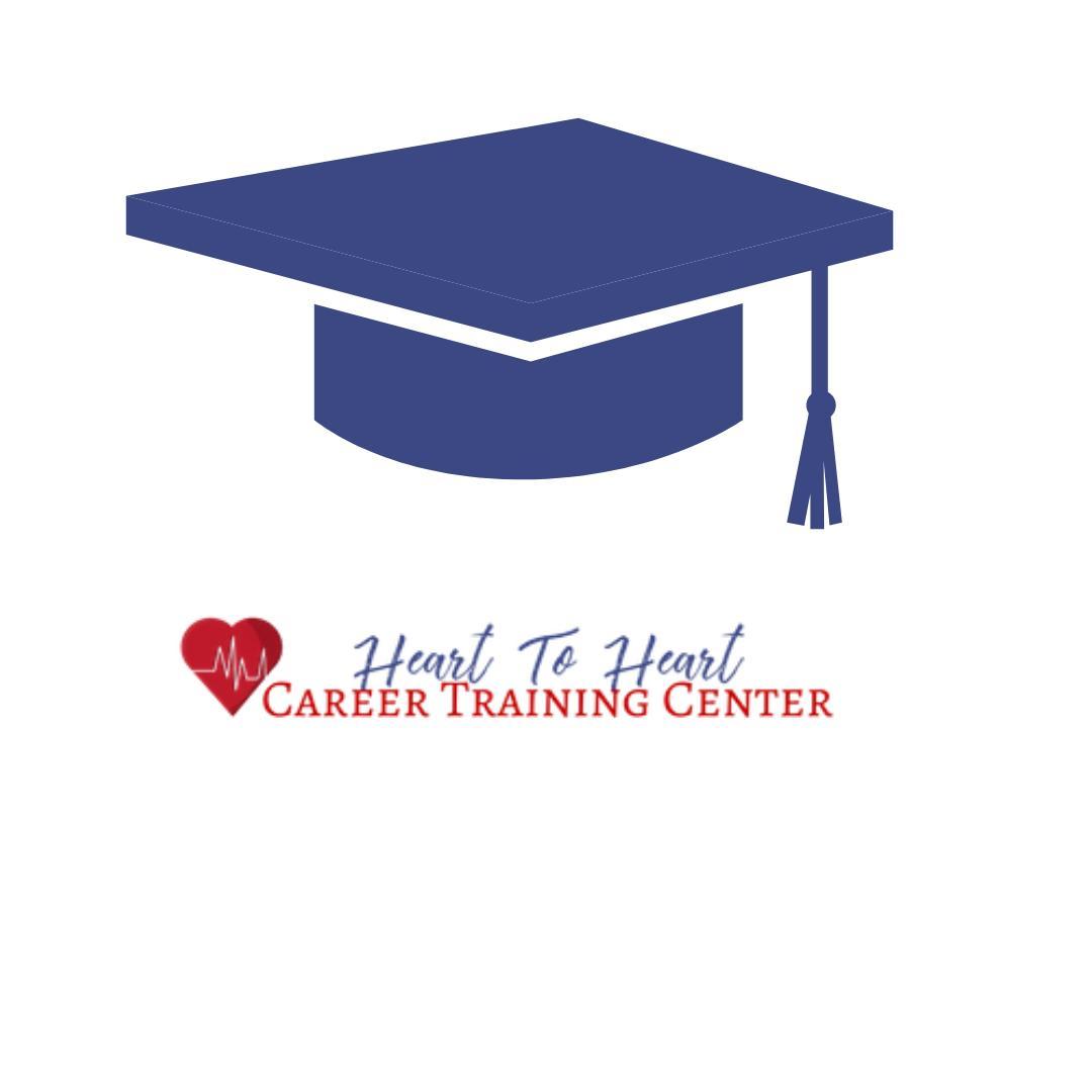 Blue graduation cap above a logo for Heart To Heart Career Training Center, featuring a red heart with an EKG and text.
