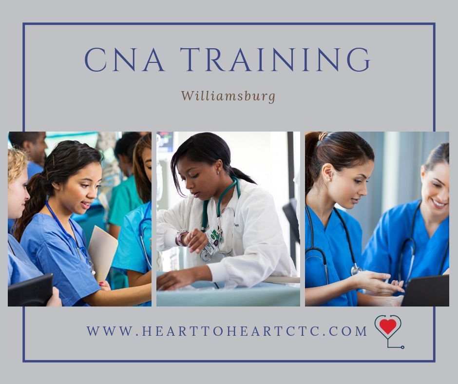 CNA training advertisement in Williamsburg. Students in scrubs looking at paperwork, equipment and interacting with each other. Website listed.