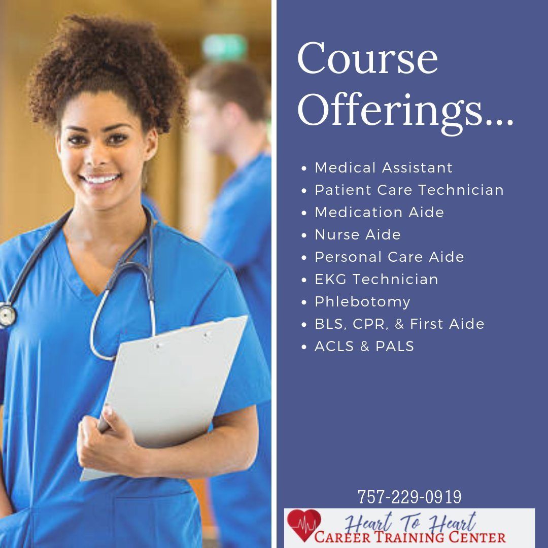 A medical professional holding a clipboard next to a list of healthcare training courses.