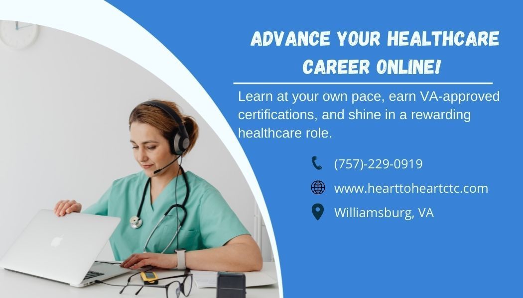 Woman in scrubs on a laptop, healthcare career ad. Blue background with text, phone number, and website.