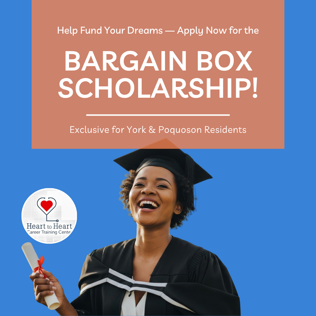 Advertisement for the Bargain Box Scholarship. A graduate holds a diploma, smiling. Text on a blue and orange background.