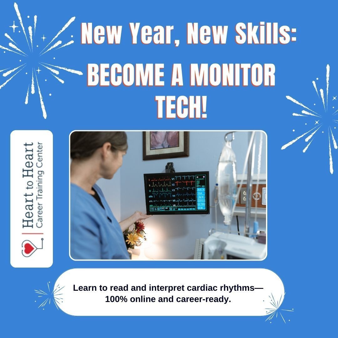 Advertisement: A person monitors a heart rhythm. Online training to become a monitor tech.