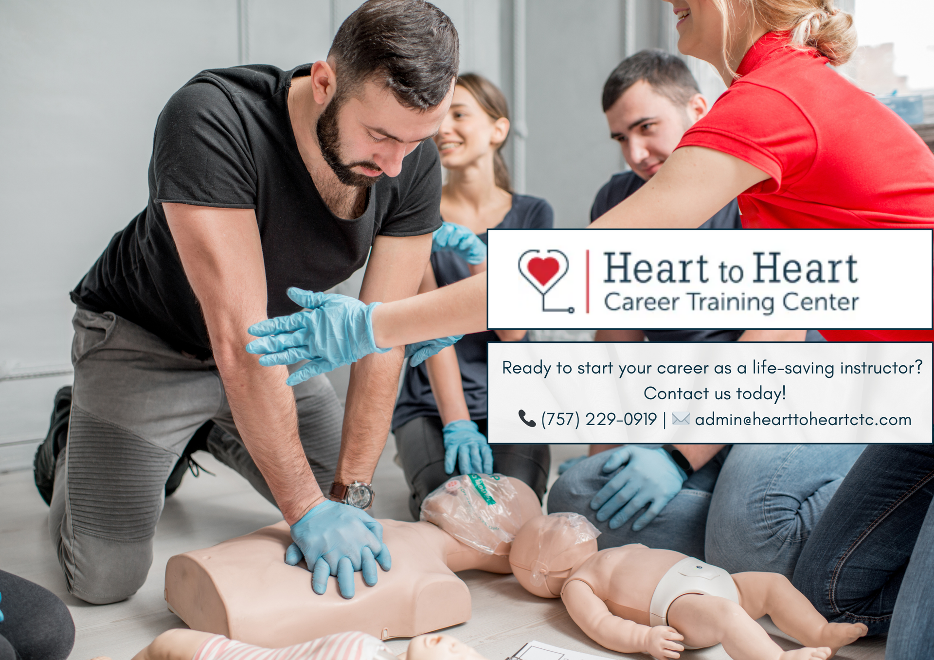 People practicing CPR on mannequins at a career training center.