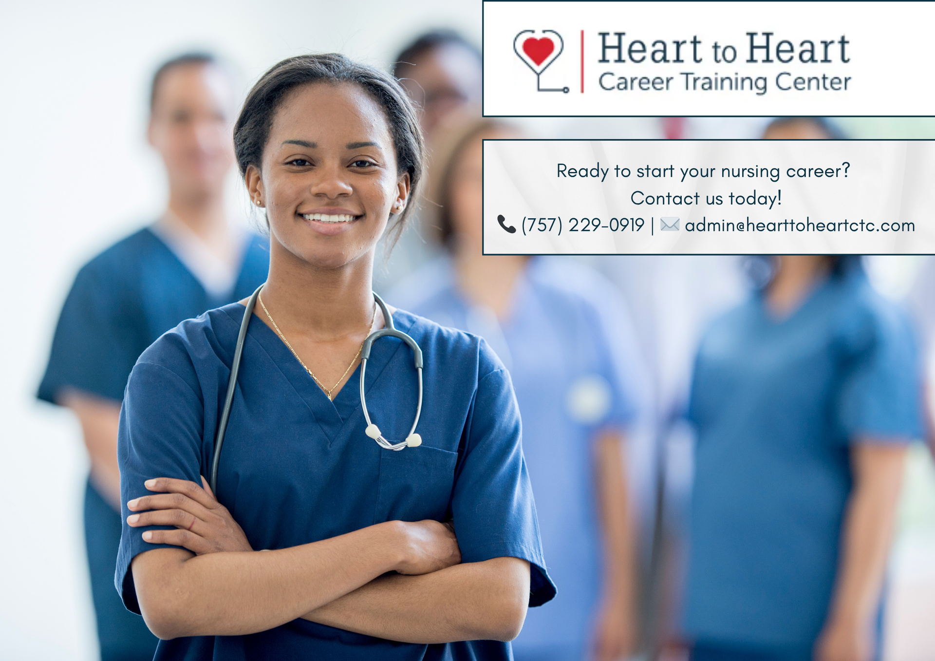 Smiling nurse in blue scrubs with colleagues in the background; Heart to Heart Career Training Center ad.