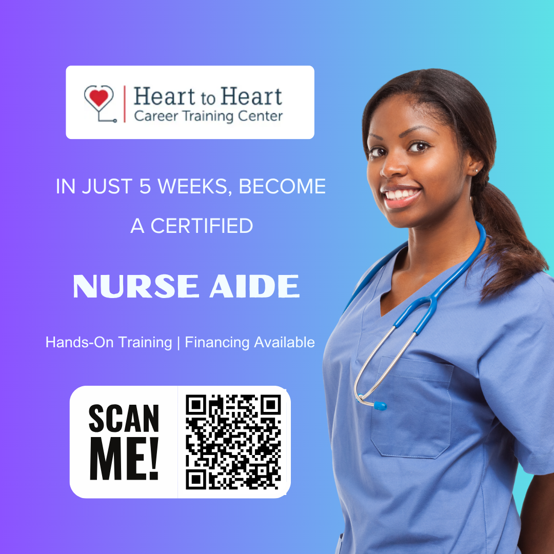 Advertisement for a nurse aide training program. It features a smiling person in scrubs, a logo, and text promoting the 5-week course.