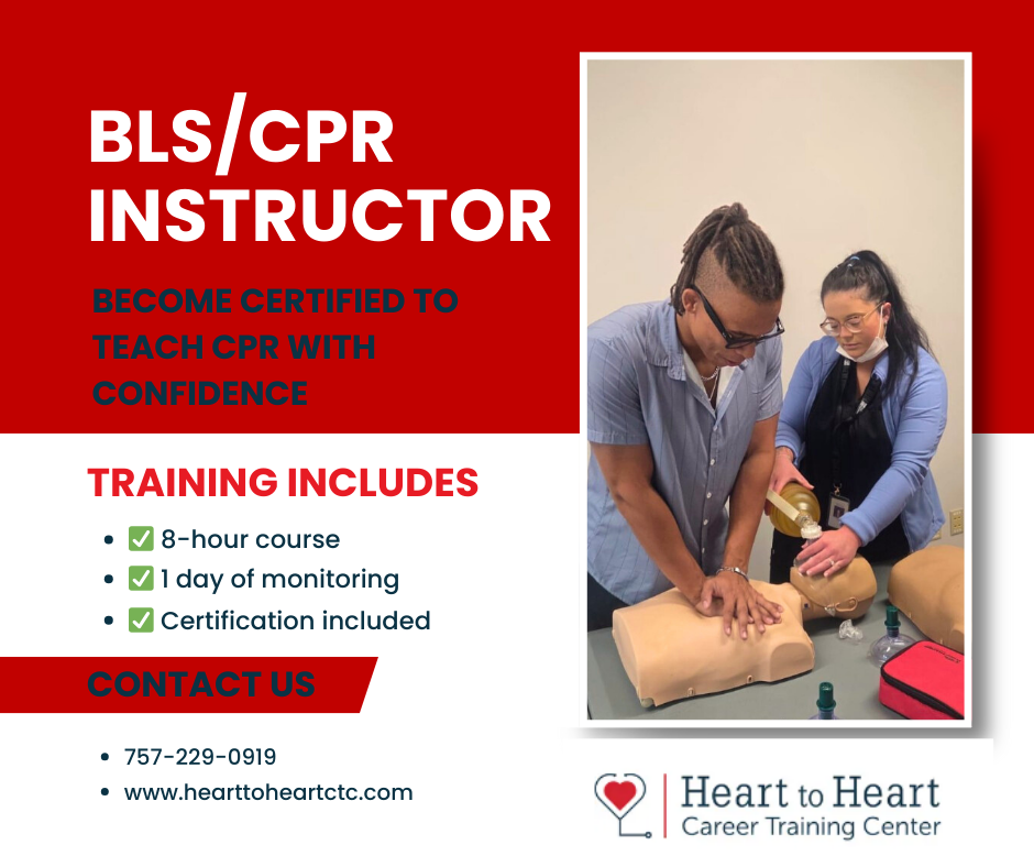 Advertisement for BLS/CPR instructor certification. People practicing CPR on a mannequin. Red and white graphic with contact info.