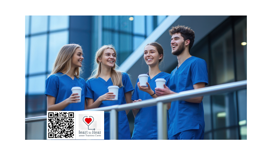Four medical professionals in blue scrubs smile and hold coffee cups outdoors.