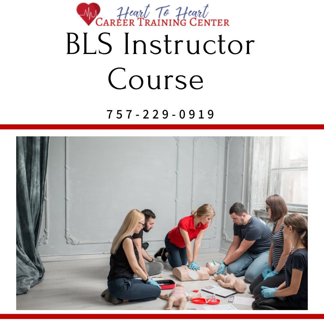 BLS Instructor Course, people practicing CPR on a mannequin, training center promotion.