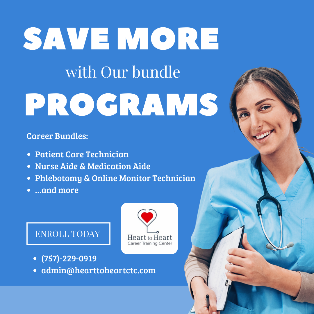 Advertisement for career programs, blue background, nurse smiling, text 