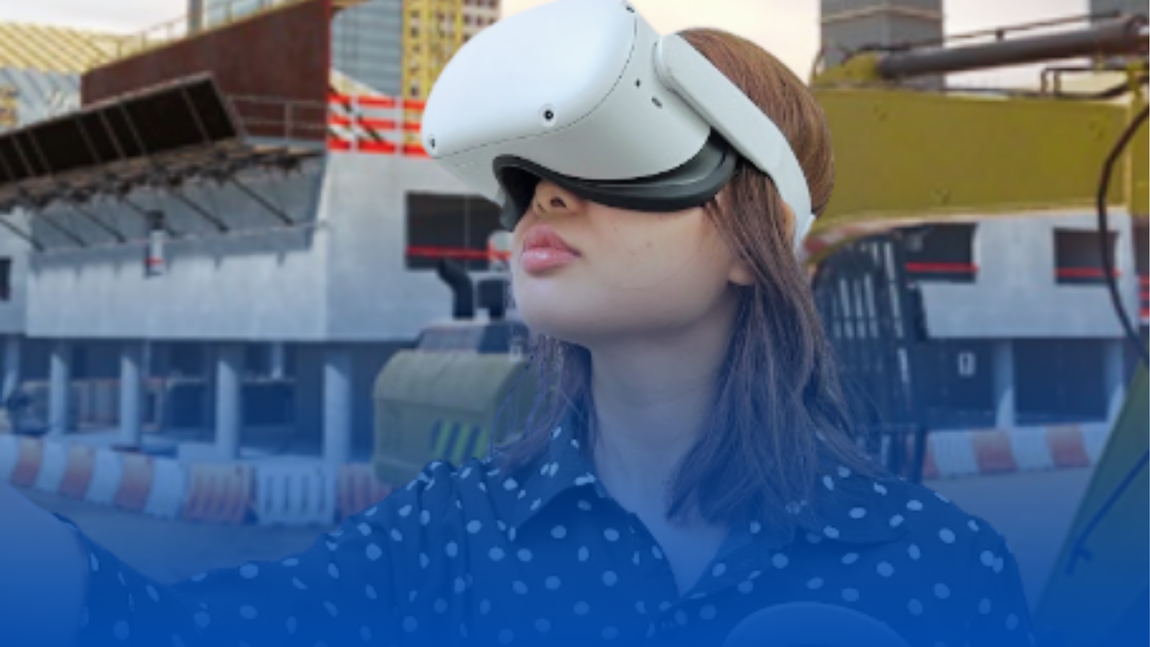 A man wearing a virtual reality headset is standing in front of a large screen.