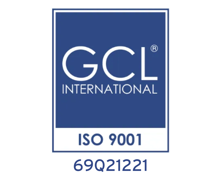 A blue and white logo for gcl international iso 9001