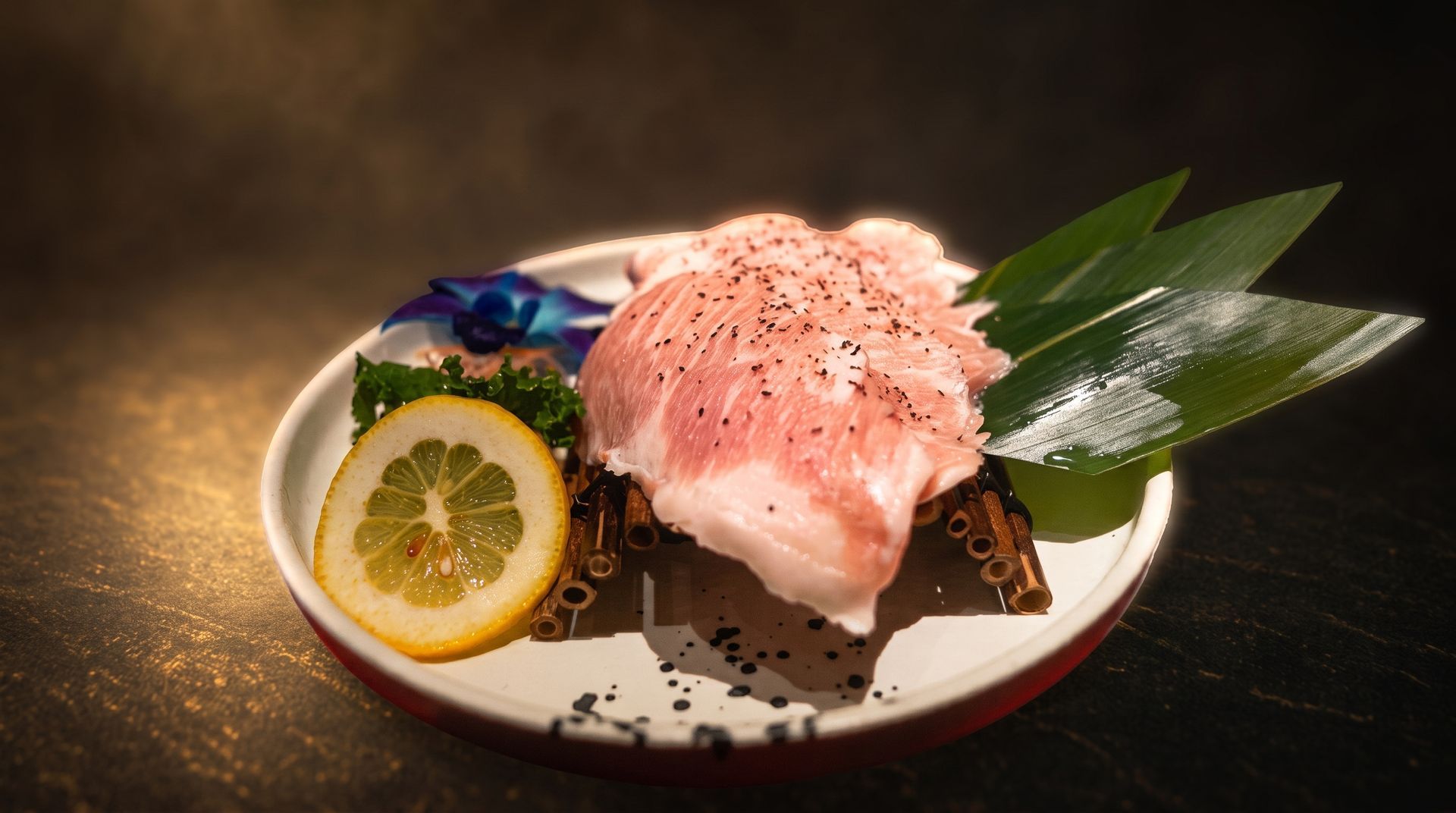 Dessert plate with pink ice cream, lemon slice, blueberries, and green leaves on a dark table