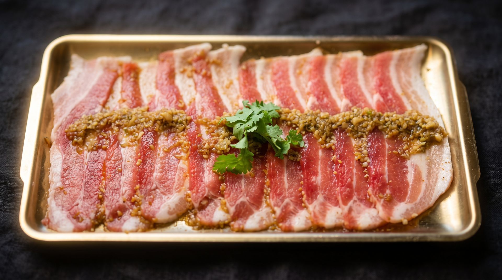 Sliced raw beef arranged on a tray with herbs and seasoning down the center.
