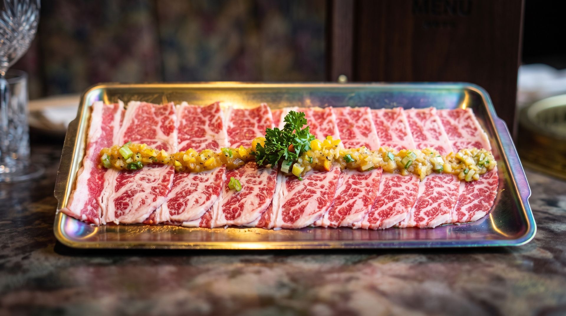 Tray of raw marbled beef slices topped with herbs and lemon garnish on a metal platter