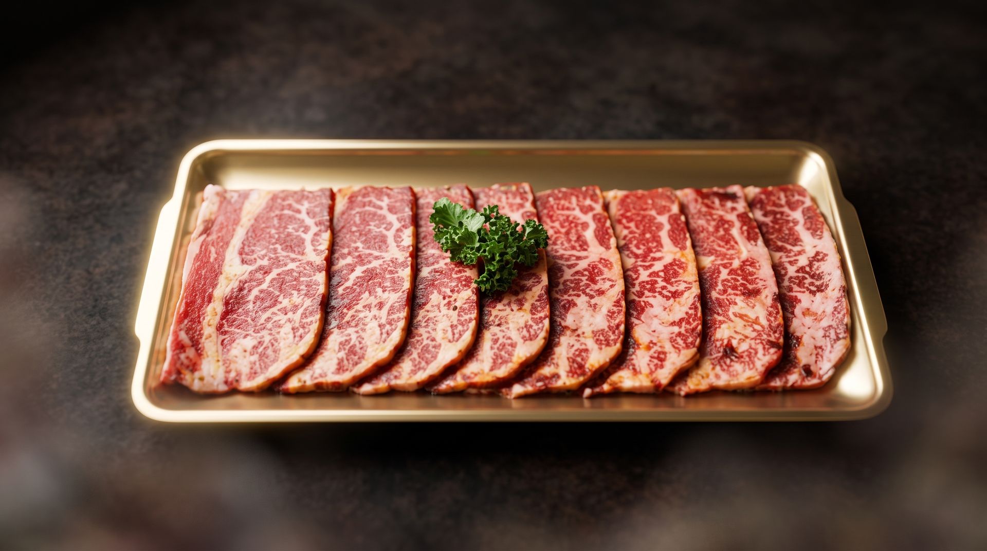 Sliced raw beef on a rectangular tray, topped with parsley, against a dark background