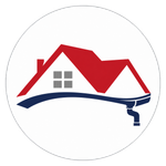 Red roof house logo with gray windows and a blue paintbrush stroke on white circle