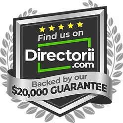 Directorii.com badge with five stars and “Backed by our $20,000 guarantee” text