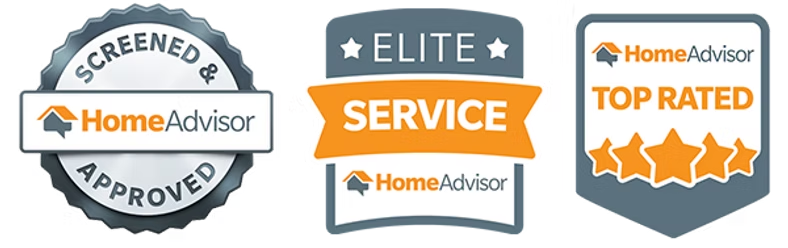 HomeAdvisor badges: screened & approved, elite service, and top rated in orange and blue badges