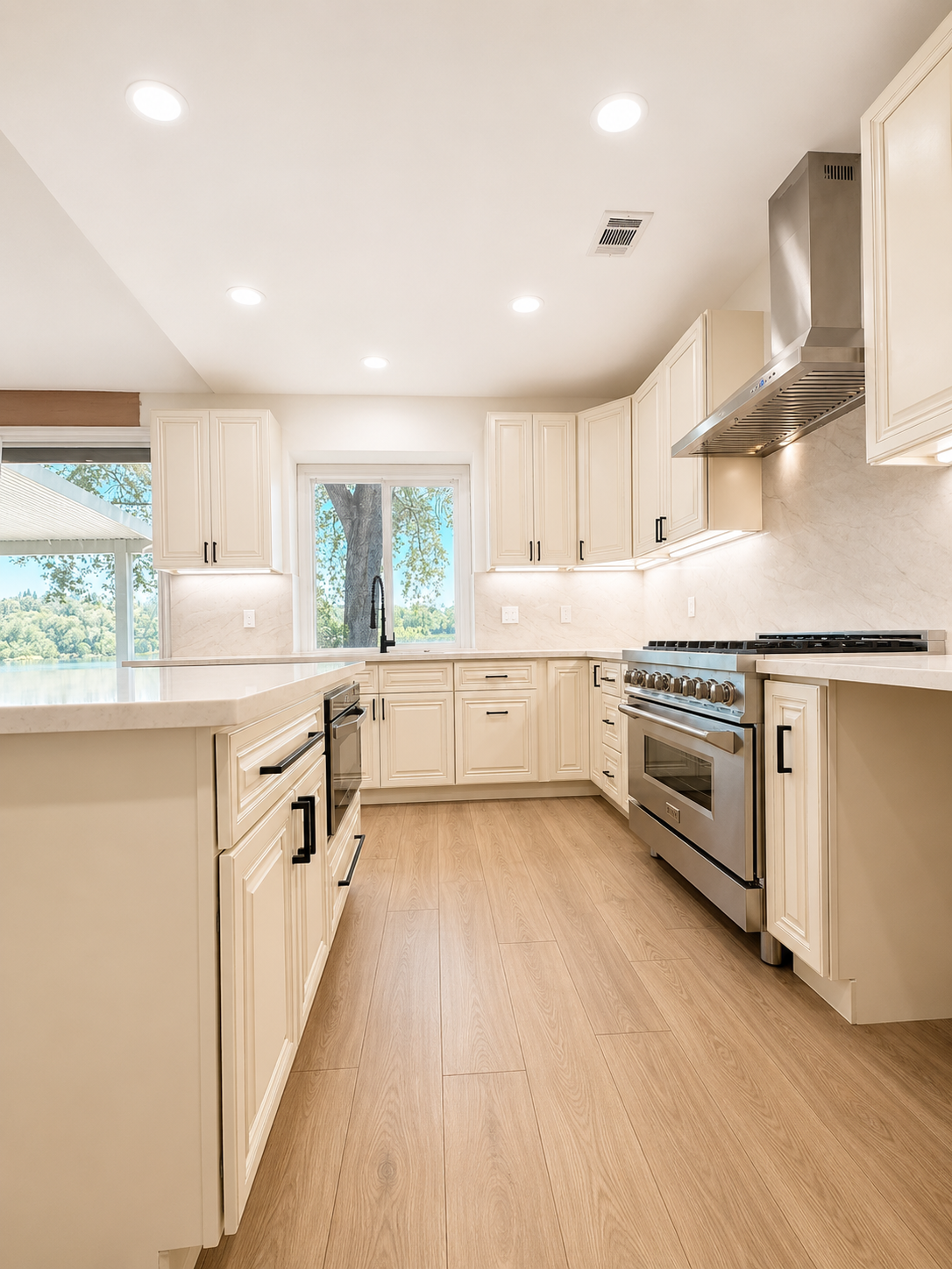 Bright modern kitchen with white cabinets, stainless steel appliances, and light wood flooring