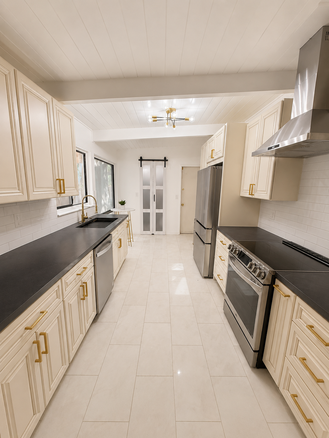 Bright galley kitchen with white cabinets, black countertops, and a stainless steel refrigerator.