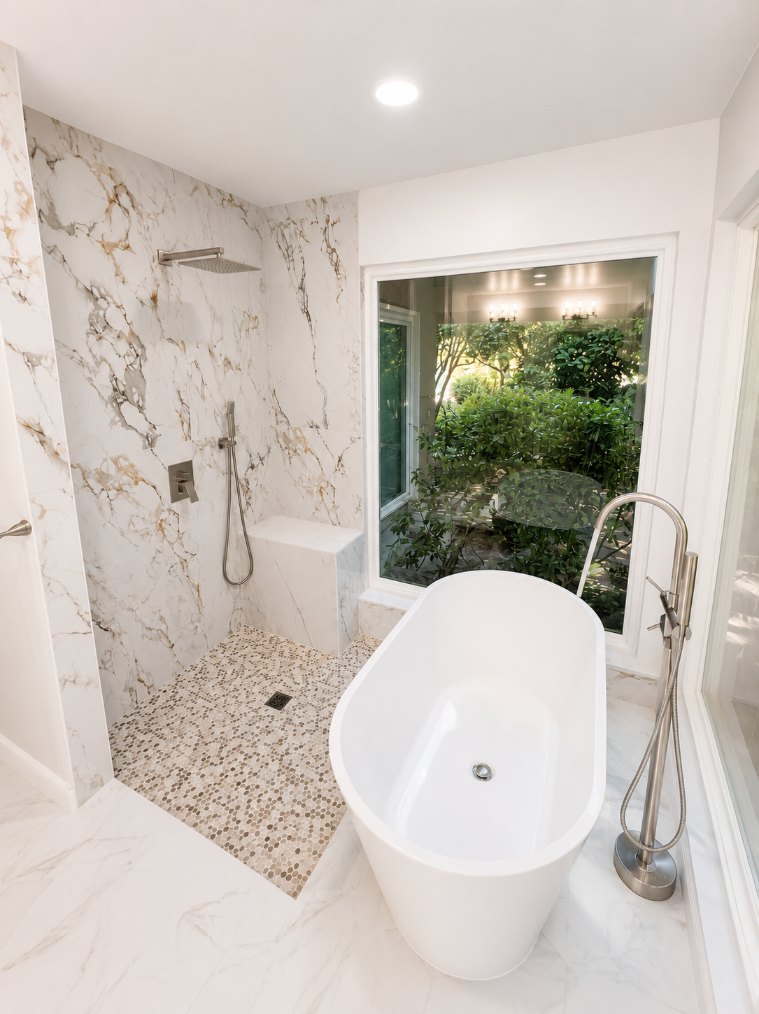Modern white bathroom with marble shower, freestanding tub, and window overlooking greenery