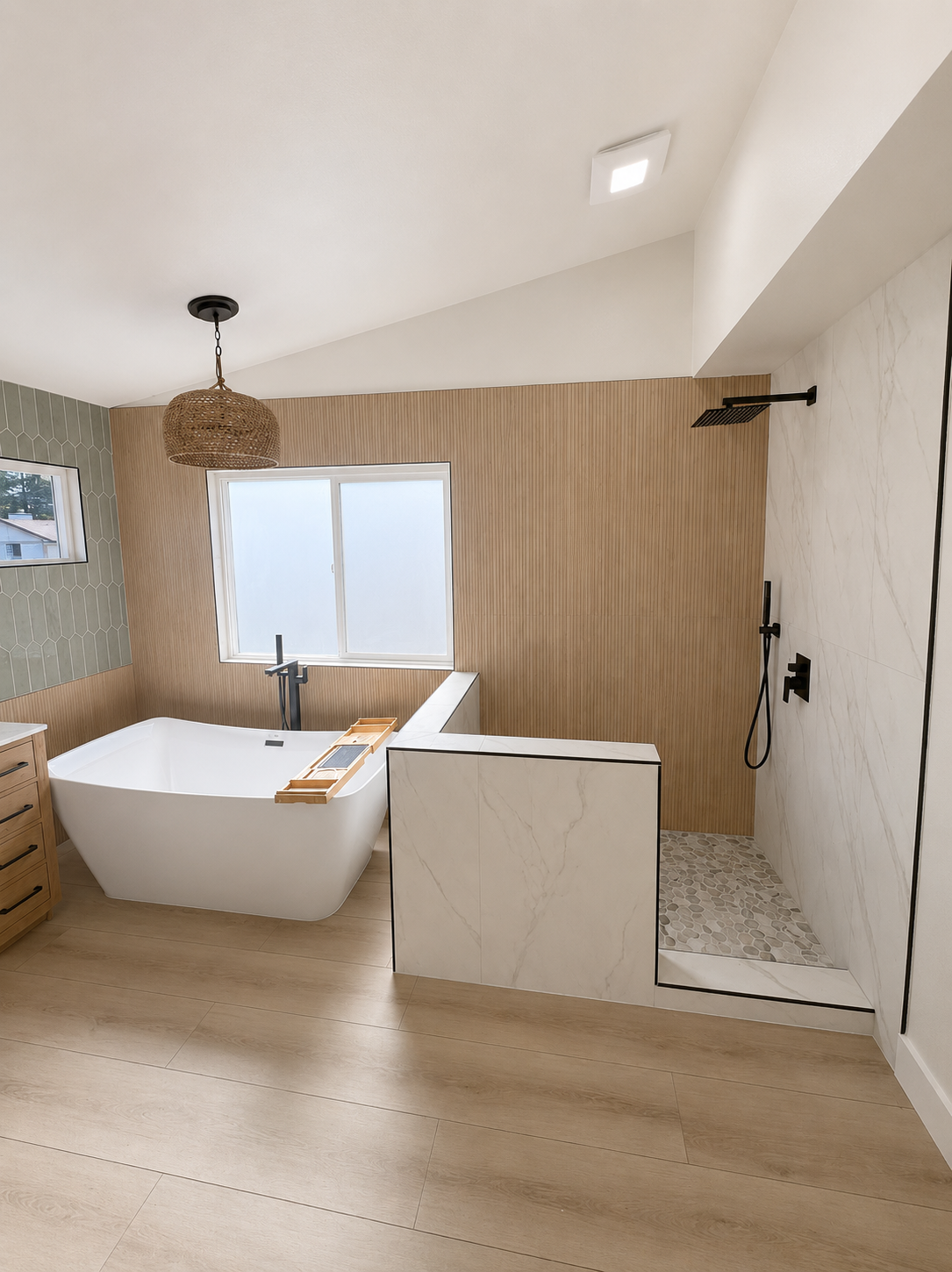Bright modern bathroom with wood accents, walk-in shower, floating vanity, and window light