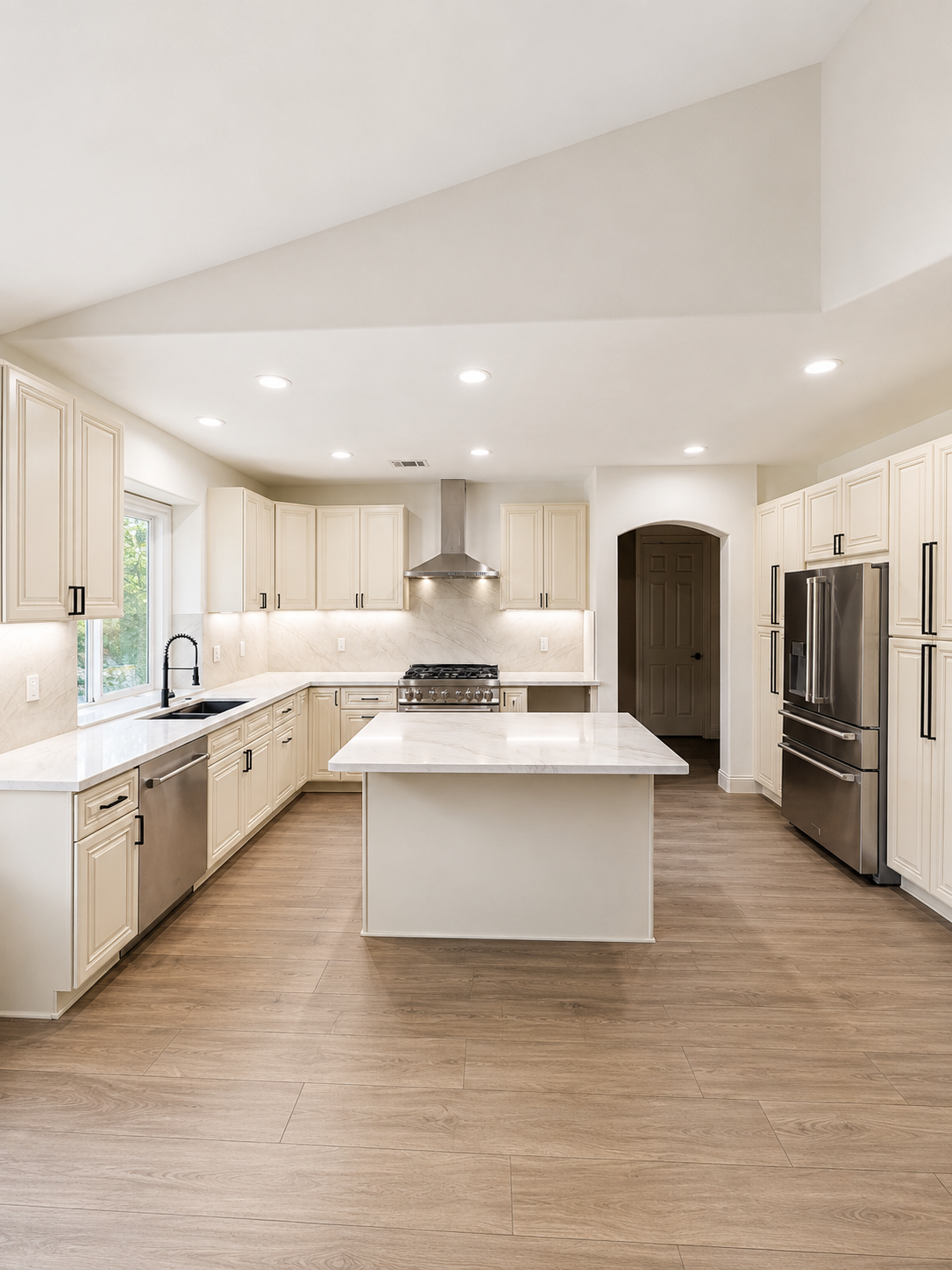 Bright modern kitchen with white cabinets, island, stainless appliances, and wood-look flooring